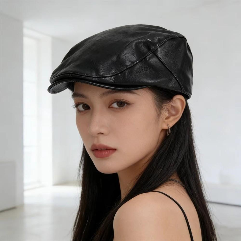 Spring Autumn Material Flat Cap PU Leather Duckbill Caps Fashion Peaked Hat Casual Wear