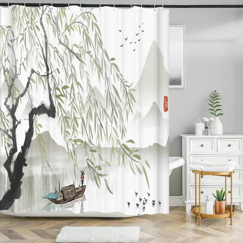 Japanese-Style Flowers Plum Blossom Shower Curtains Bathroom Curtain Frabic Waterproof Polyester Bath Curtain With Hooks