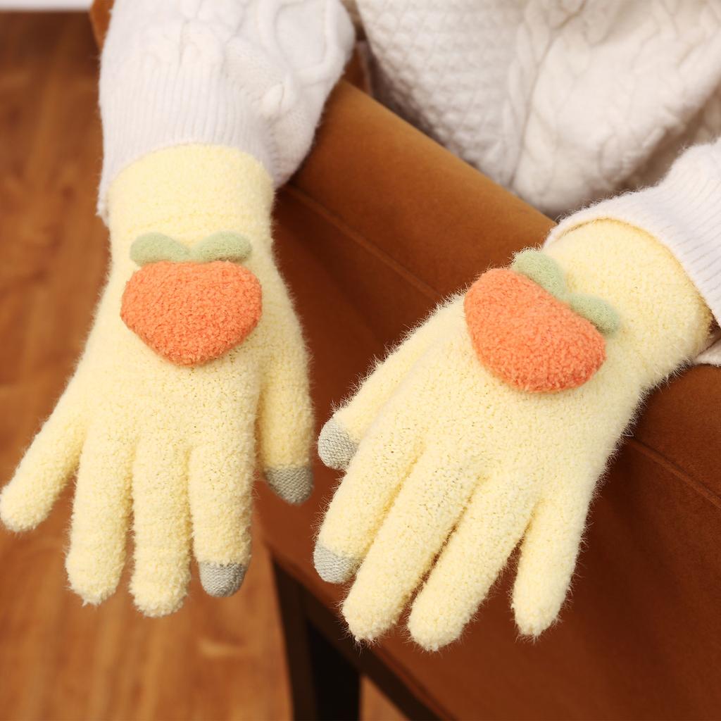 Autumn and Winter New Gloves Female Cycling Warm Winter Velvet Thickened Five Fingers Cute Peach Ins Wind