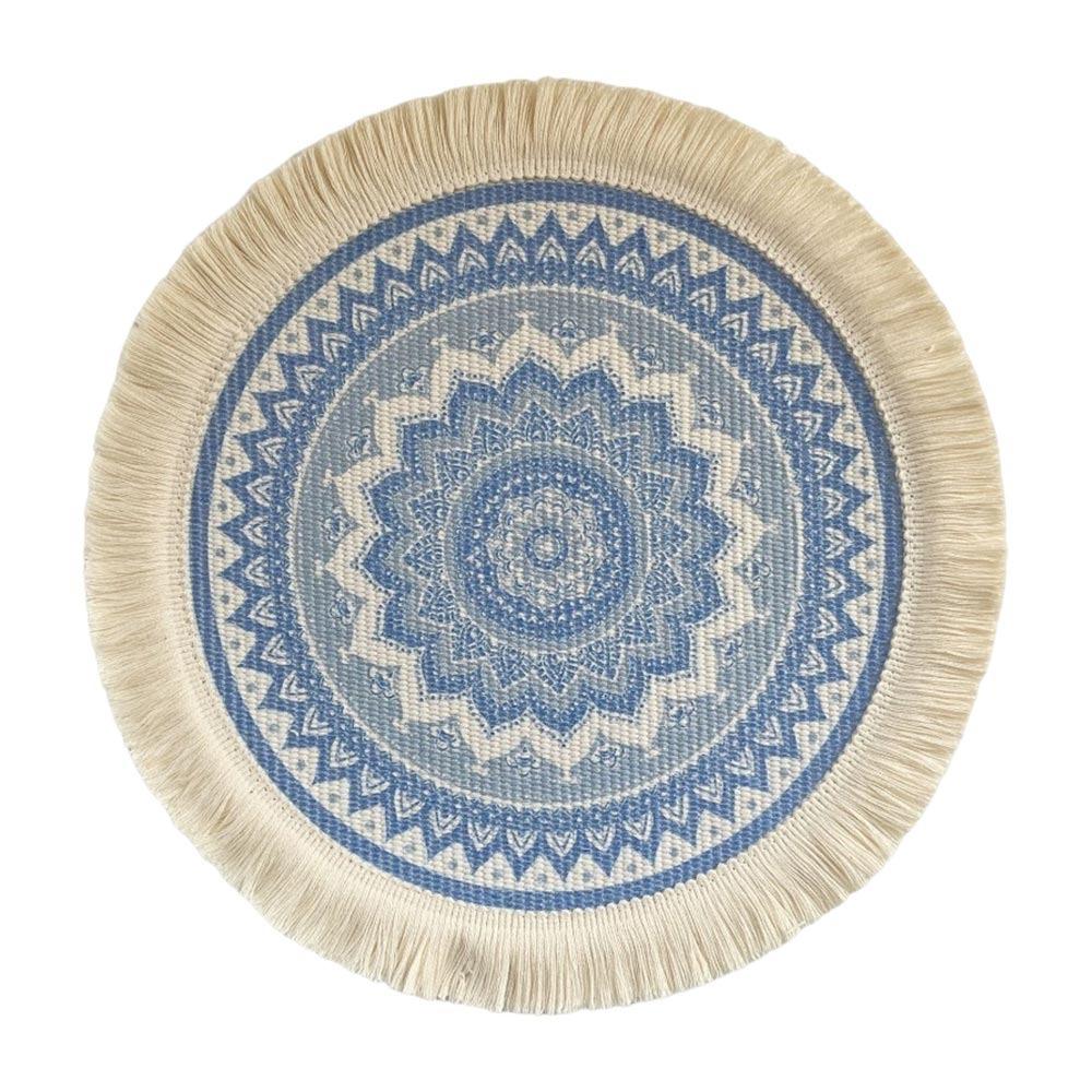 Bohemian Braided Weave Round Woven Placemats Heat Resistant Non-Slip Bohemian Placemat Tassel Jute Placemats Kitchen Table L синий