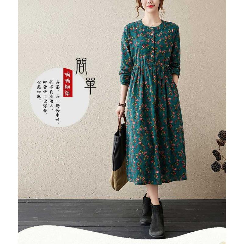 Neues bedrucktes Kleid im Ethno-Stil mit Rundhalsausschnitt und langen Ärmeln, locker