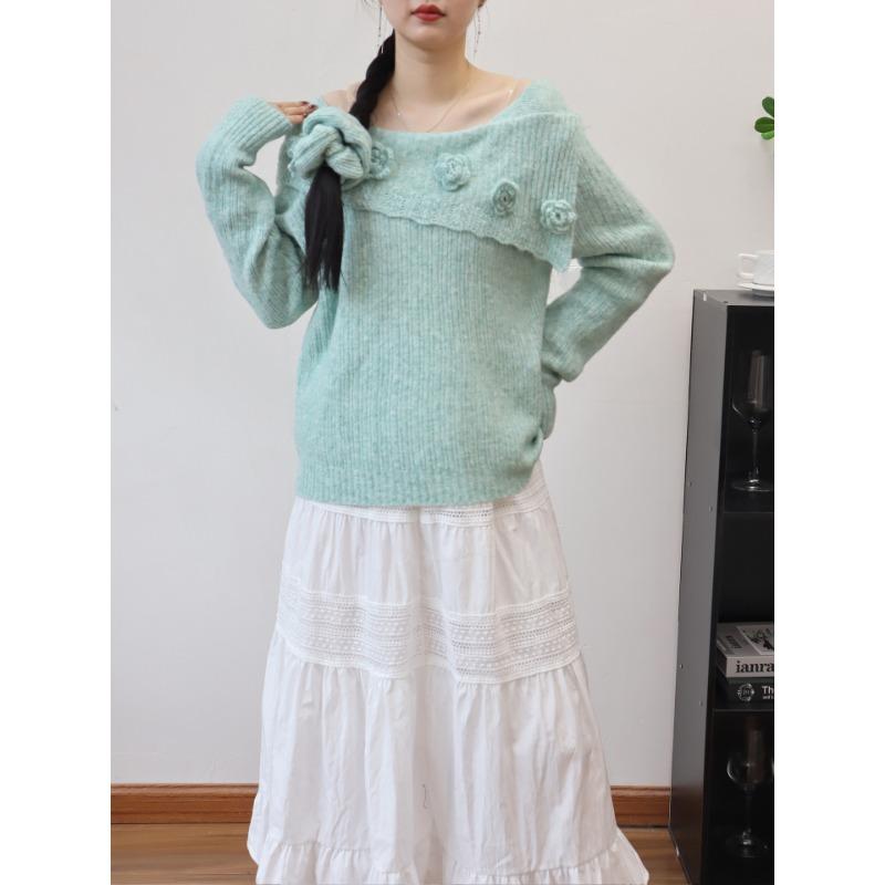 Autumn and winter new three-dimensional flower shoulder knitted sweater top temperament soft waxy sweater pullover woman