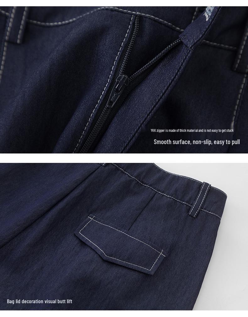 Guangmei Summer Faux Denim Women's Wide-Leg Cropped Pants - Lazy Style in Denim Blue