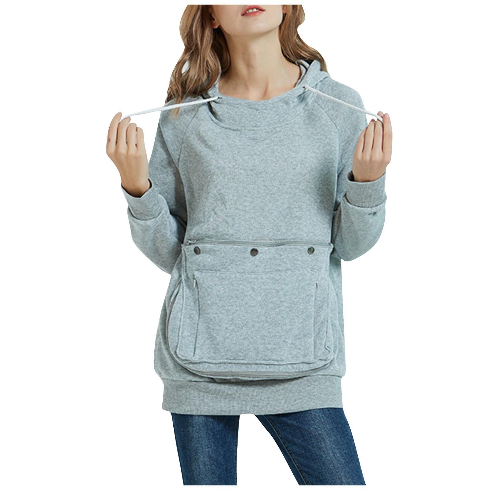 

Women s Fashion Solid Color Round Neck Loose Big Pocket Hooded Sweatshirt Top S