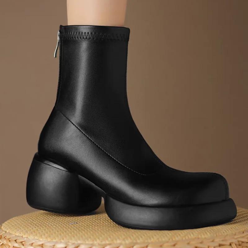 Fashion Women High Heels Snow Ankle Boots Retro Leather Shoes Winter 2025 Trend New Chunky Chelsea Boots Fashion Goth Pumps Botas Mujer
