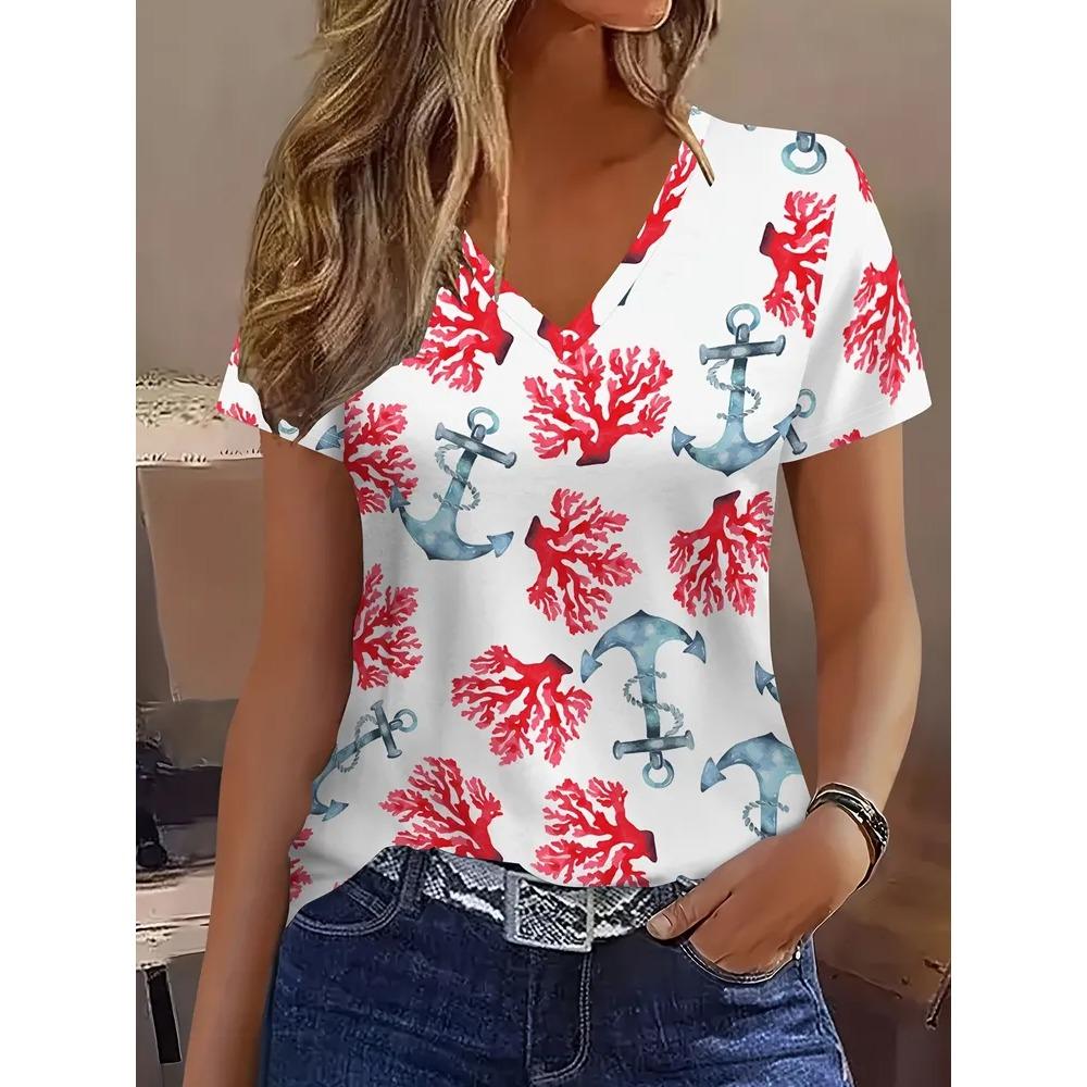 Creative Colorful Stripe Pattern Summer Soft Fashionable Comfortable Women's T-Shirts Casual Breathable Loose V-Neck Short-Sleeve T-Shirt