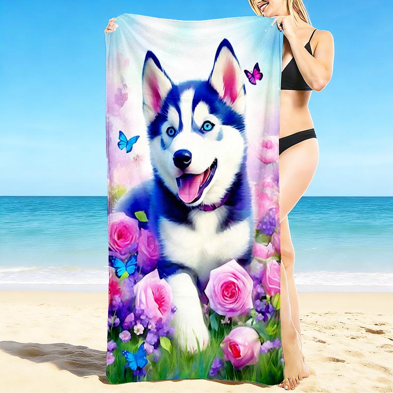 1Pc Blue Husky Flowers Beach Towel Quick Dry Multiuse For Beach Pool Gym Yoga Home Travel Christmas Halloween Xmas Gift G138