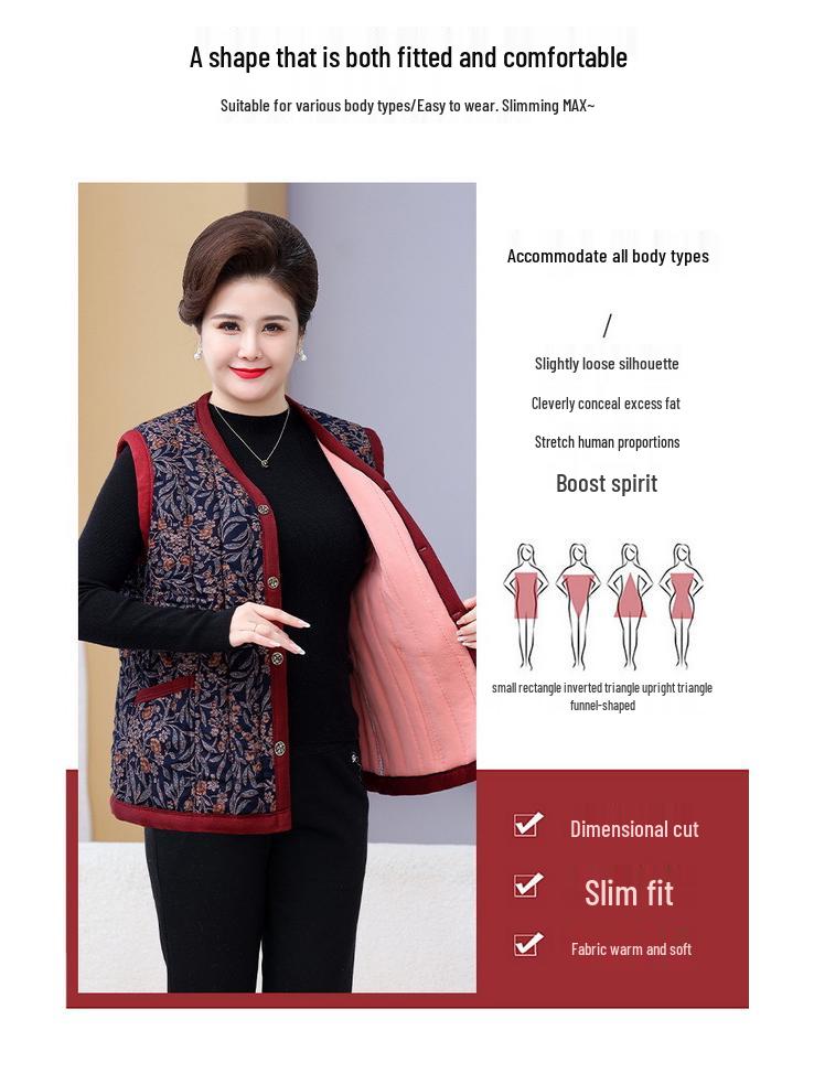 Warm Plus-Size Camel Down Vest with Fleece Lining for Middle-Aged and Elderly Women