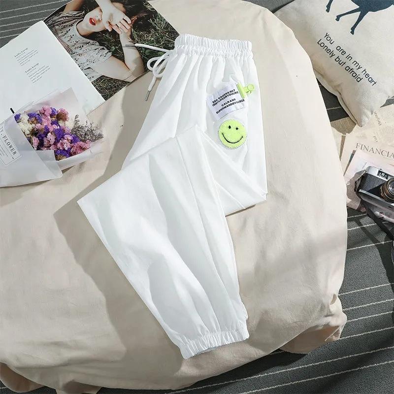 

Спортивные брюки Ice Silk для женщин, летние, тонкие, с улыбающимся лицом, свободные ноги, похудение и защита от комаров, повседневные брюки для маленьких людей с девятью точками M белый