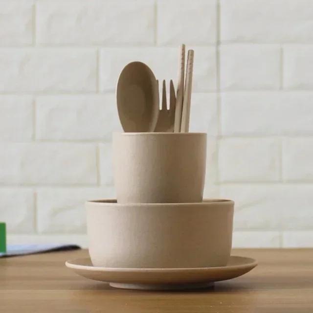 

New 6Pcs/Set Wheat Straw Baby Tableware Children Food Dishes Bowl Feeding Infant Learning Dinnerware Spoon Chopsticks Fork Cup