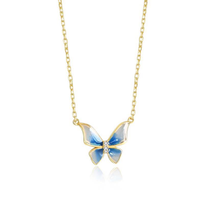 ANENJERY Butterfly Necklace for Women Blue Drop Glaze Clavicle Chain Necklaces Party Jewelry Gifts