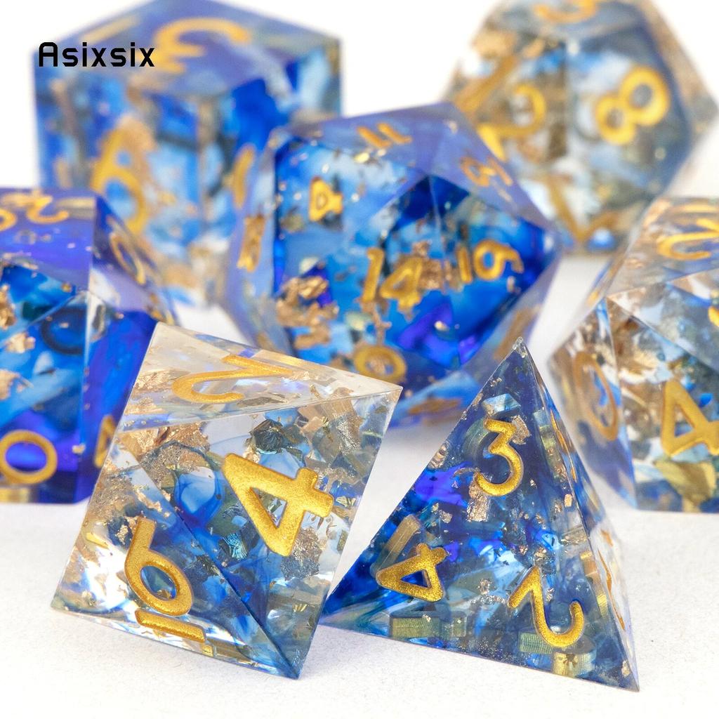 7 Pcs Blue Golden Number Sharp Edge Resin Dice Polyhedral Dice Suitable for Role-Playing RPG Board Game