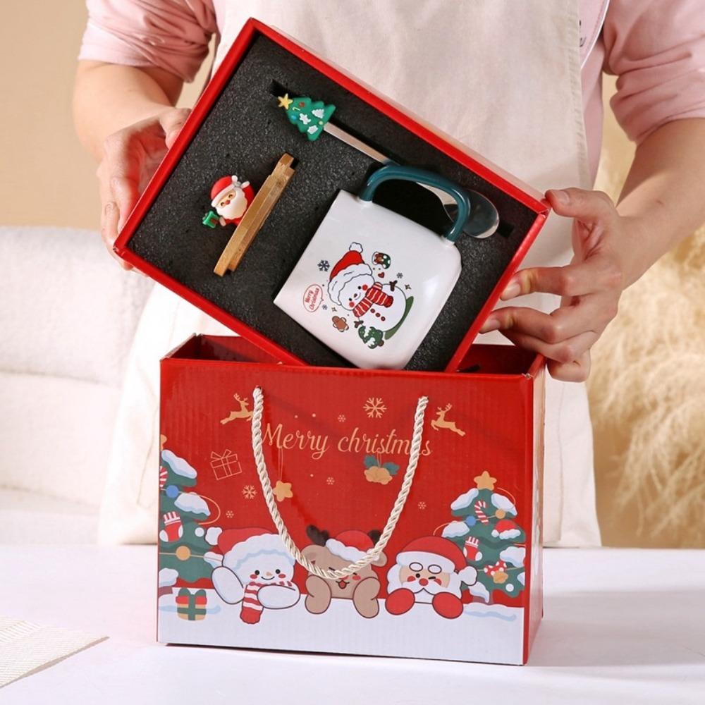 Merry Christmas Cup Spoon Set Wooden Lids Coffee Cup Teaspoon Cute Mug Gift Box  Home Use