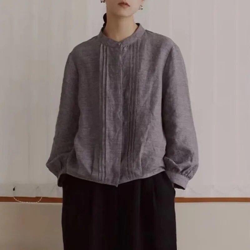 Johnature Spring Long Sleeved Shirt Women Japanese Literary Wrangled Stand Up Collar Versatile Tops