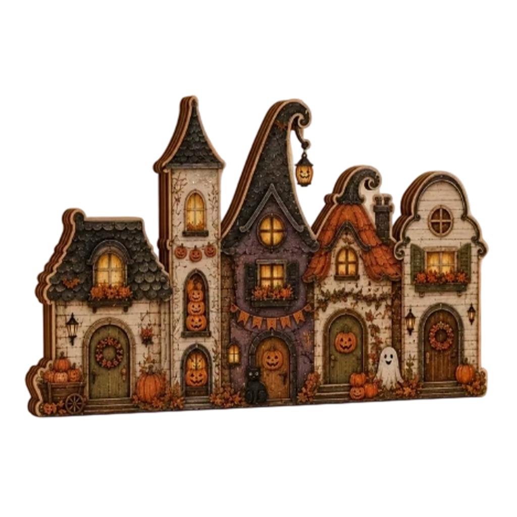 2D Wooden Tabletop House Village Halloween Decor - Vintage Town Scene for Desk Shelf Mantel
