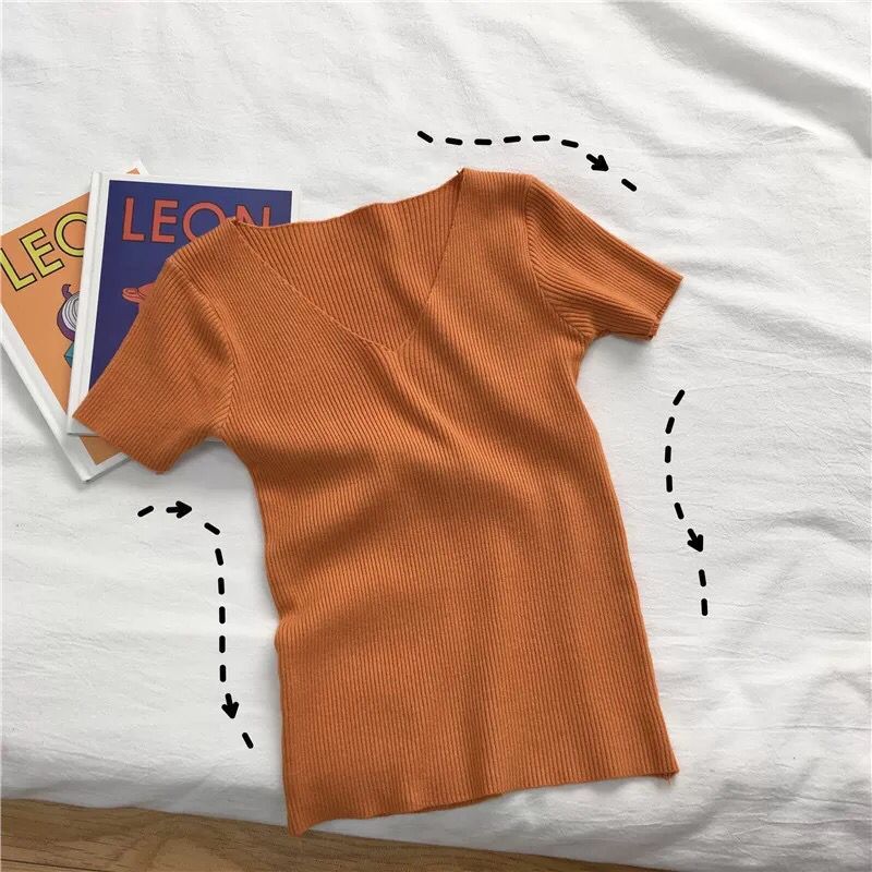 Women Spring Summer Pullovers Knitted Sweaters Primer Shirt Short Sleeve V-Neck Slim Bottoming Tops Solid Color One Size