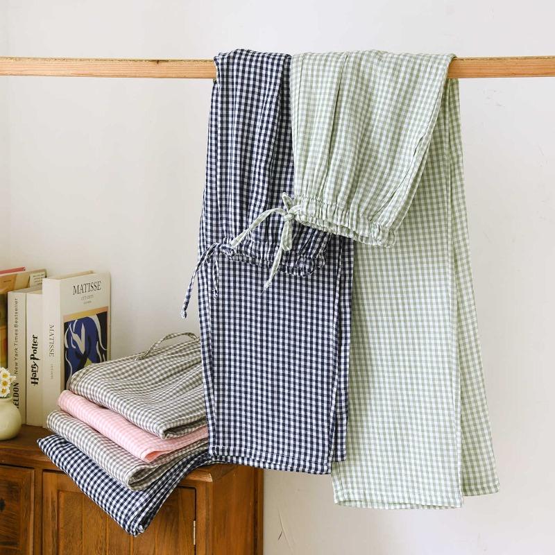 2026 New Spring/Summer Couple Sleeper Pants 100% Cotton Gauze and Women's Pants Simple Checkered Thin Home Pants