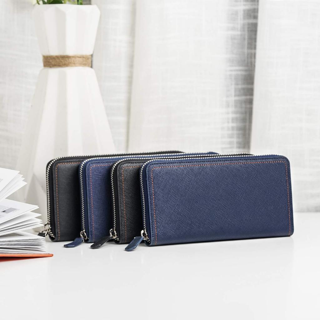 Hardwork Secret Men's Long Wallet with 12 Card Slots, Coin Purse, Genuine Leather Zipper, Luxury Gift, Convenient Coin Purse, Gift Box Included, Blue