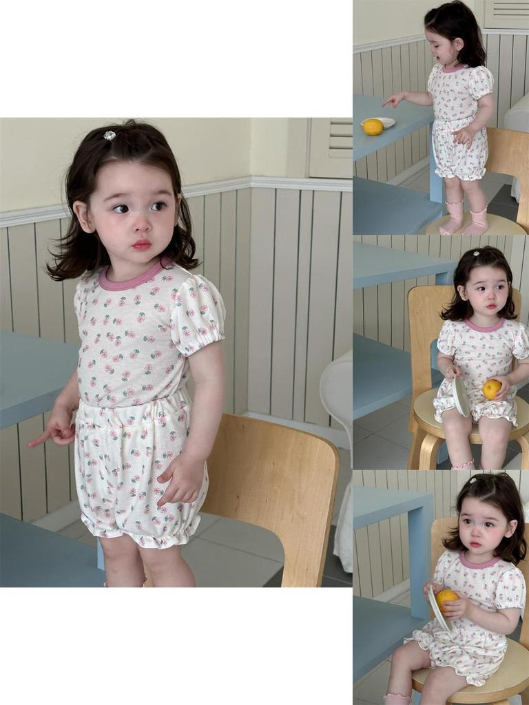 Niedliches Sommer-Pyjama-Set für Mädchen im koreanischen Stil, leichtes Outfit mit floralem Print und Shorts