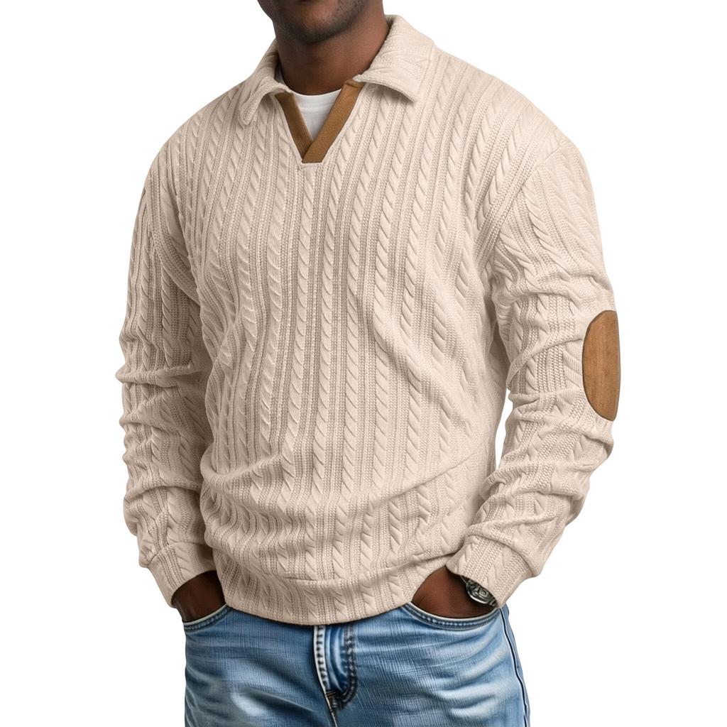 Men's Color-Block Long Sleeve Sweater, Loose Fit Casual Retro V-Neck with Collar, Thick Warm Top
