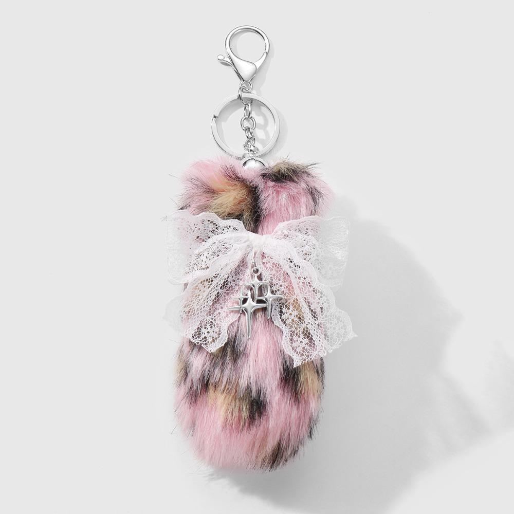 New Y2K Style Fluffy Tail Keychain Lace Bow Leopard Print Bag Pendant Soft Gift Keychain Pendant Backpack Decoration
