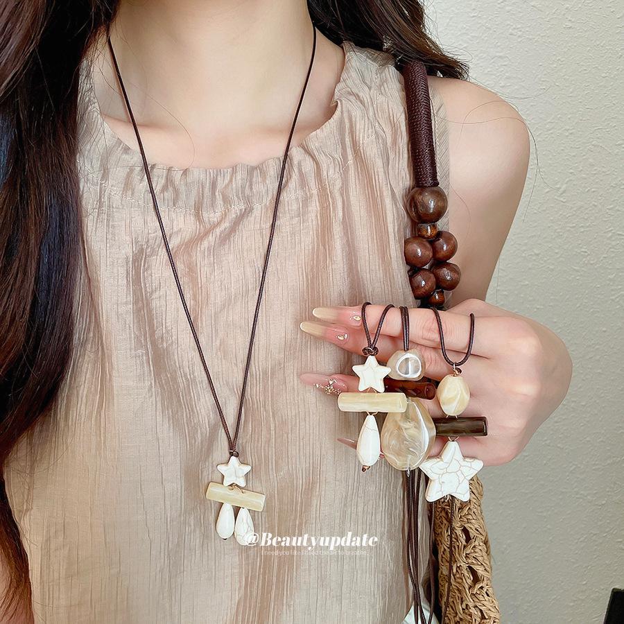 Retro Leather Cord Necklace with Faux Stone, Acrylic Gradient, and Star & Water Drop Charms - Elegant Sweater Chain Jewelry for Women