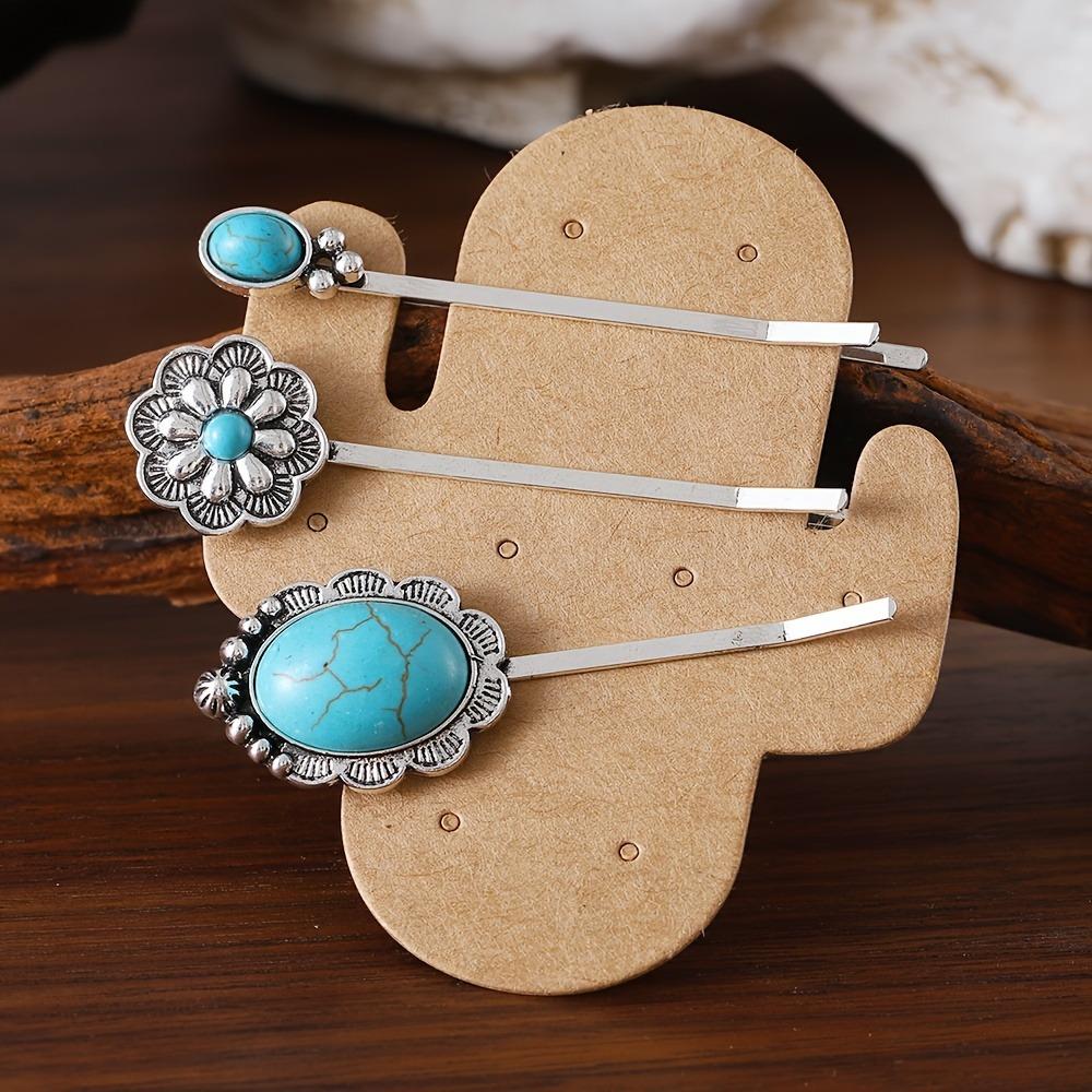 3PCS Bohemian Vacation Style Turquoise Inlaid Women's One Word Clip Seaside Vacation Daily Dressing Side Clip Hair Accessories