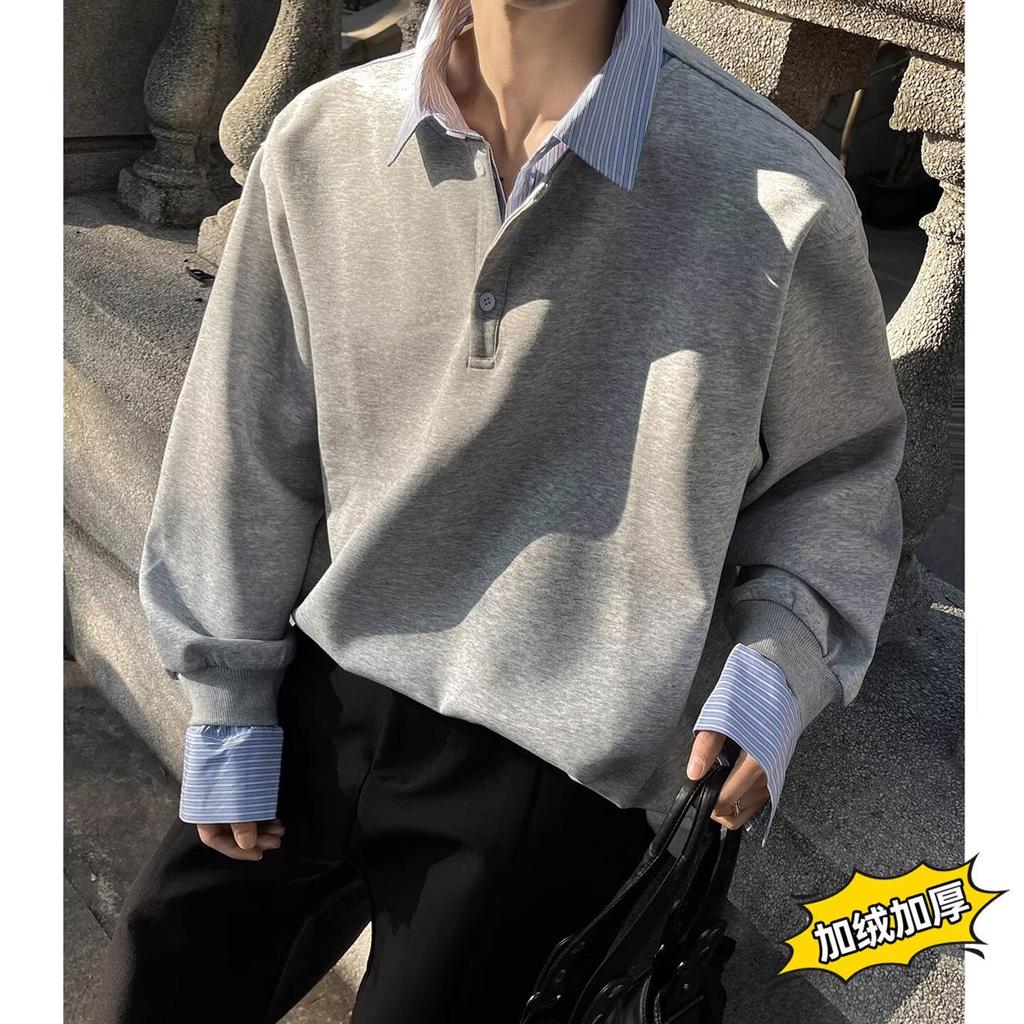 Unisex Korean Style Fleece-Lined Color Block Patchwork Hoodie with Loose Lapel