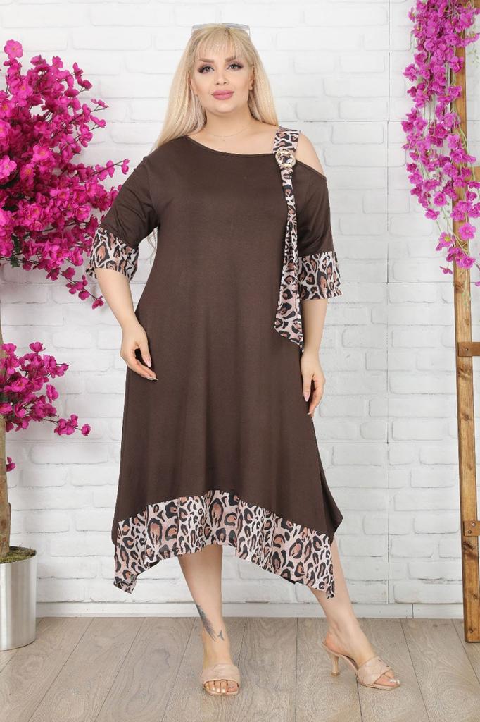 Women's Big Size Dress Asymmetric Cut Shoulder Detailed Buckle Leopard Pattern Viscose Lycra Dress