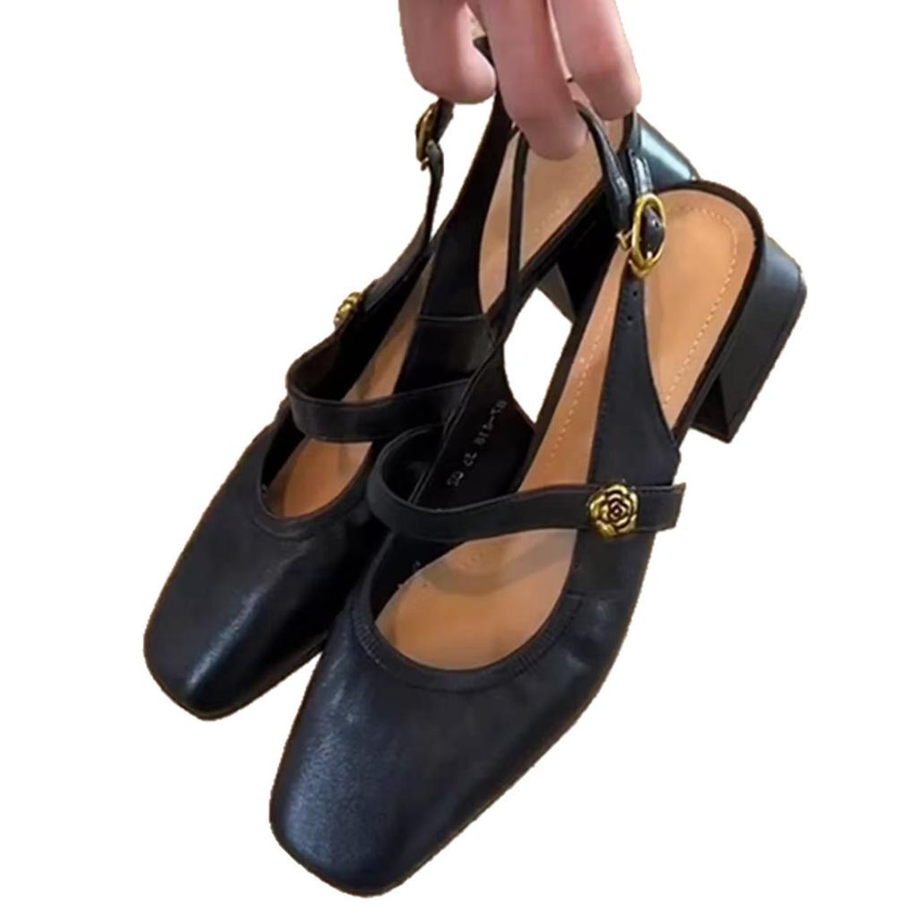 Sheepskin version~ French camellia one-word with bag head sandals women's summer retro thick heel Mary Jane single shoes