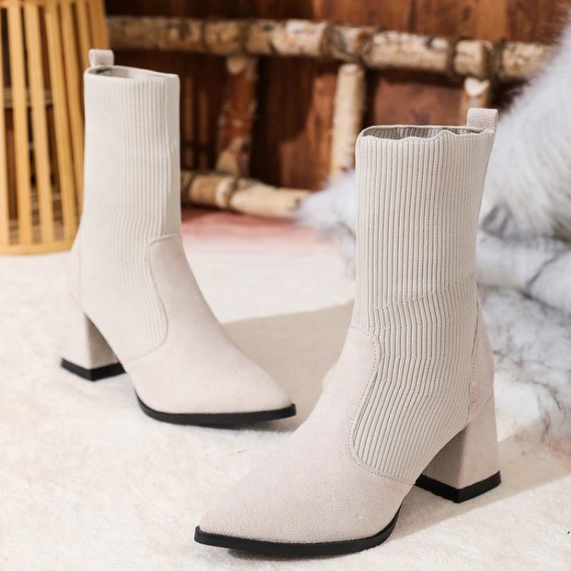 Women High-heeled Boots Temperament Pointed Leather Boots Fashion High Heels Ankle Boot Slim Fit Elastic Socks Boots Botas Mujer