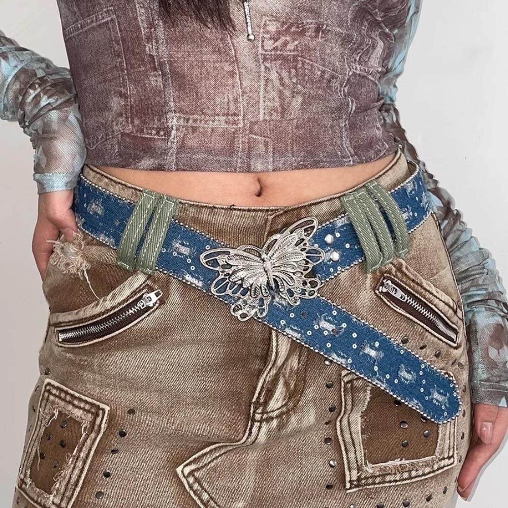 Sequins Wide Belt Y2K Denim Waistbands Simple Butterfly Belt Female/Girls