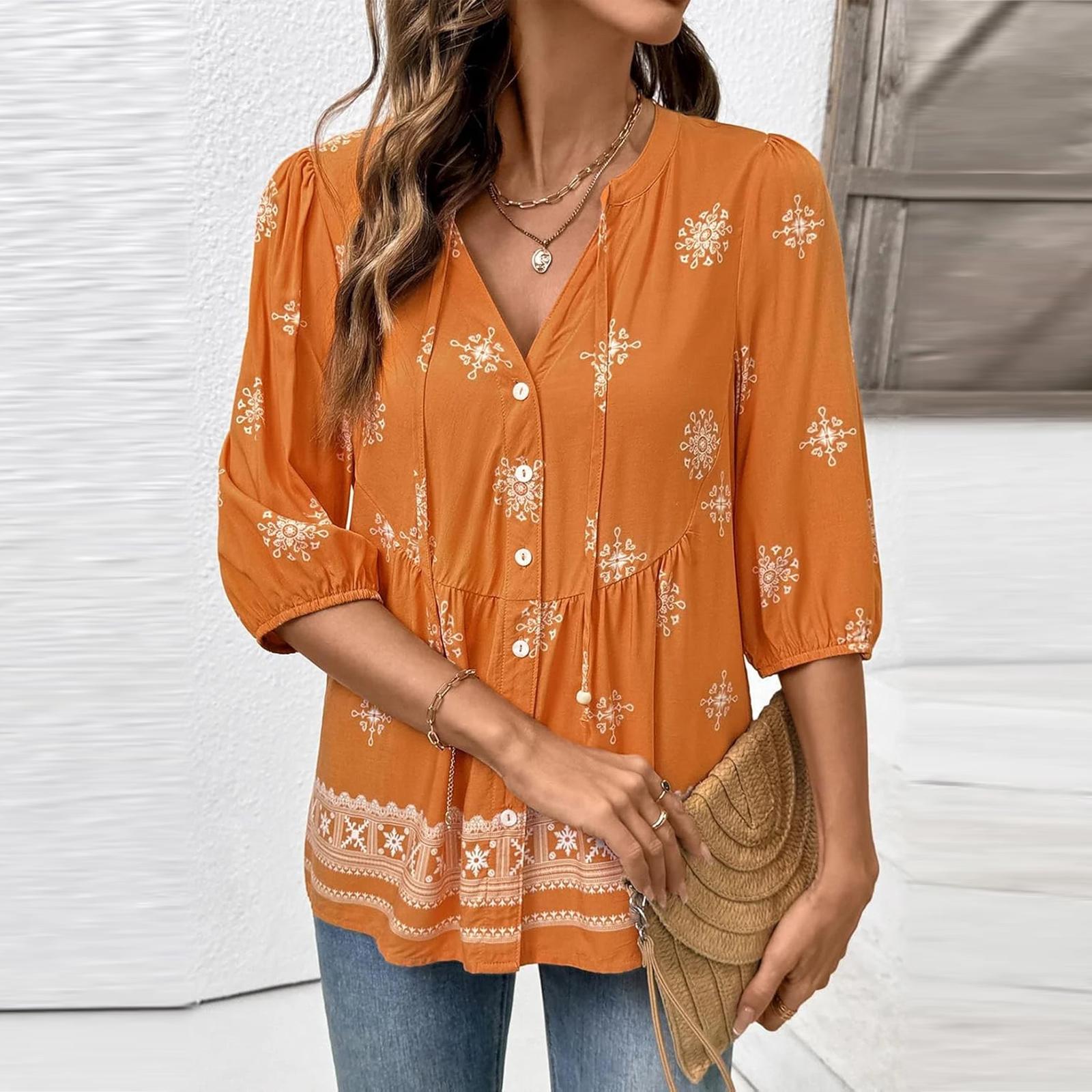 

Women s Casual Comfortable Drawstring Summer Floral Short Sleeve Top XL помаранчевий