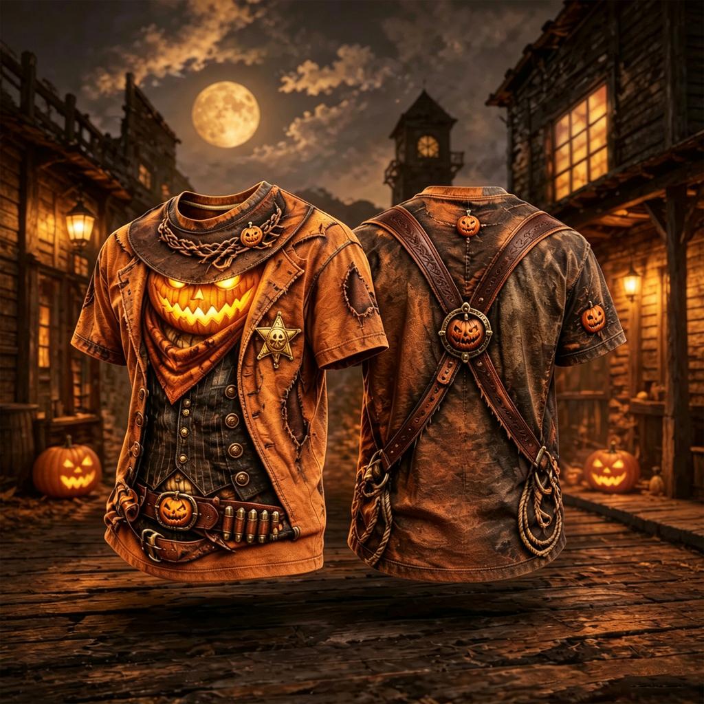 Halloween T-Shirt with Western Sheriff Pumpkin Print - Short Sleeve Casual Tee for Men and Women