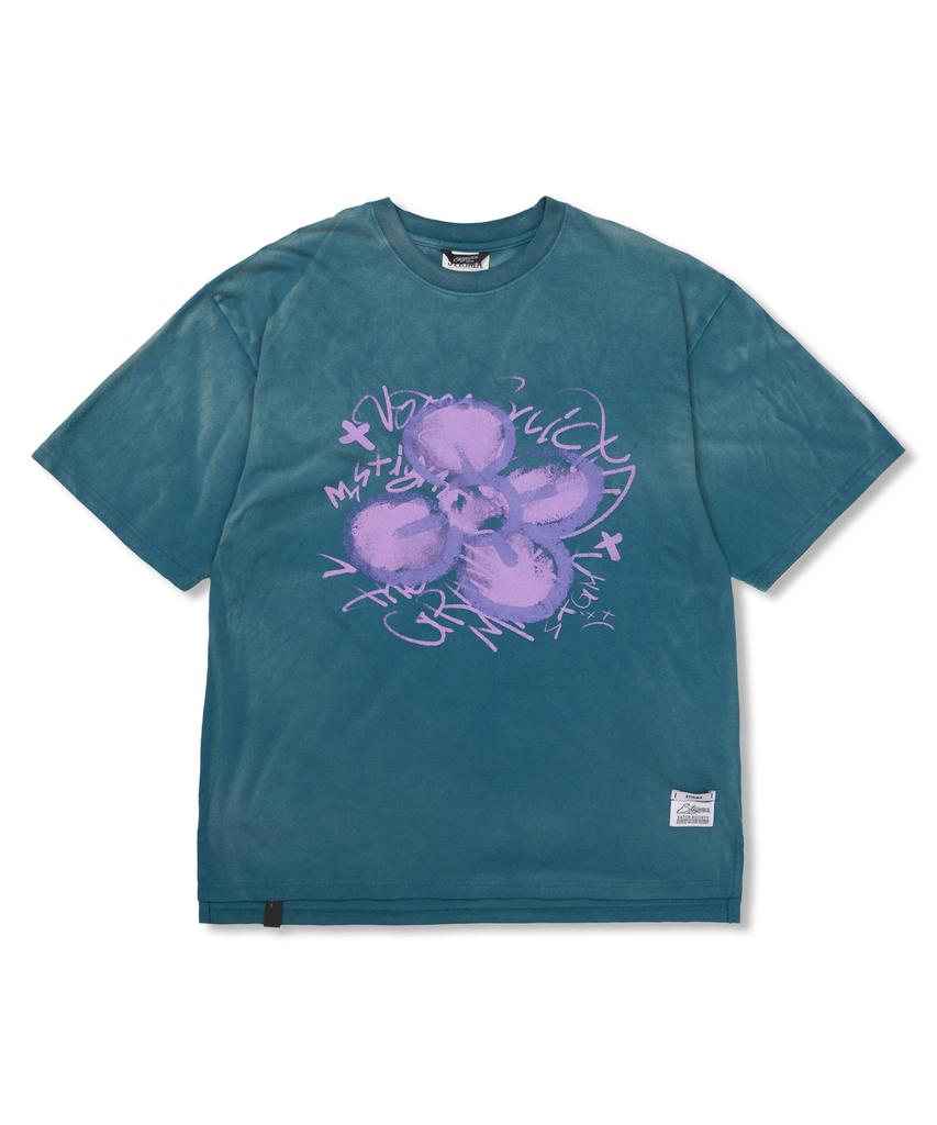 STIGMA Crayon Flower Vintage-Like Washed Oversized Short Sleeves T-Shirts Blue