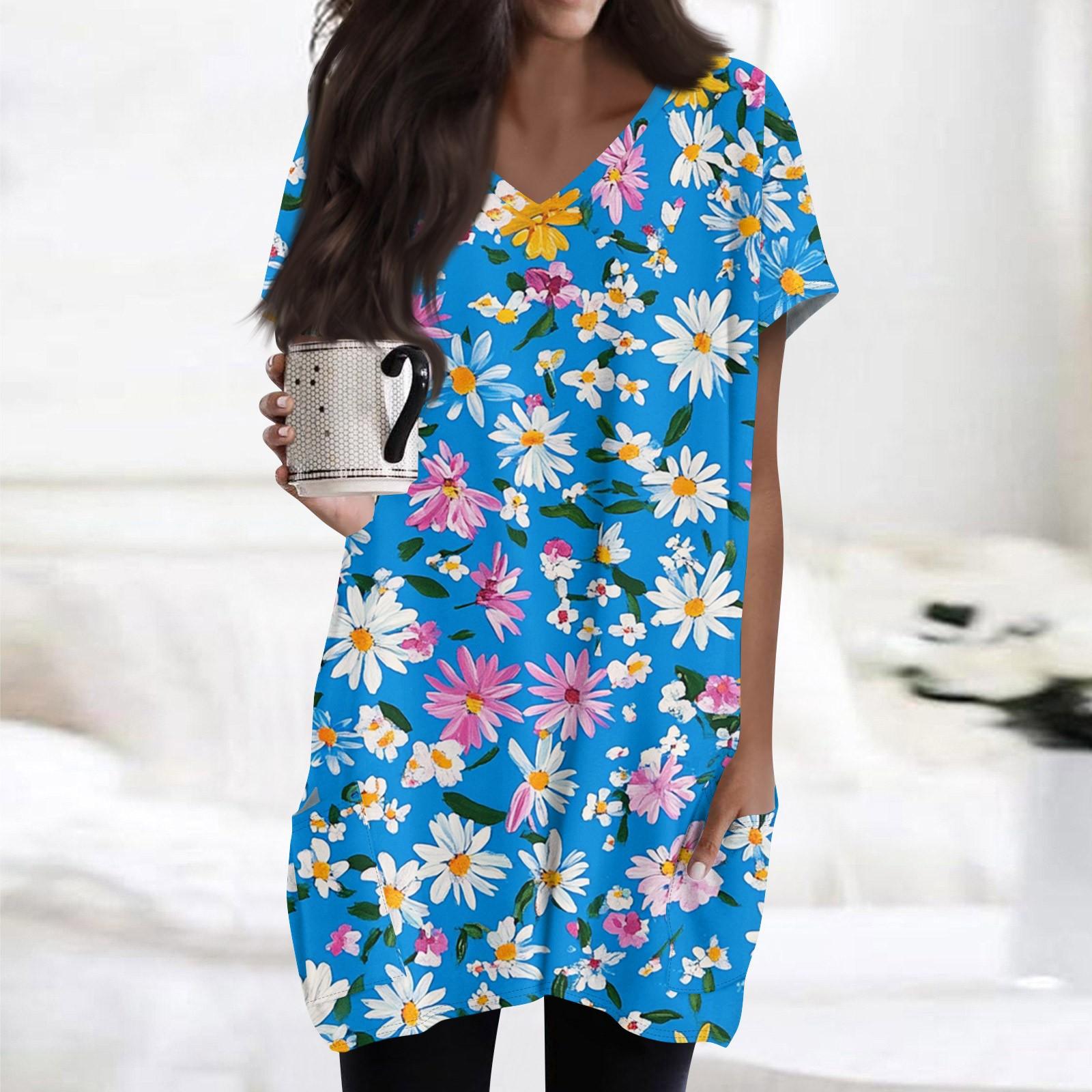 

Женский модный и повседневный топ с V-образным вырезом, цветочным принтом, средней длиной, карманом и короткими рукавами L