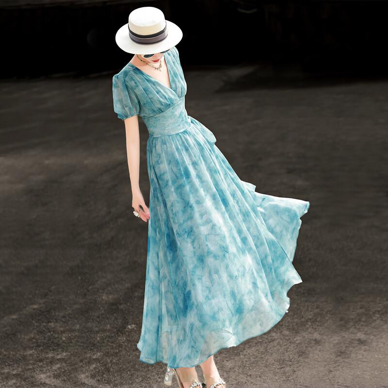 Women s V-Neck Gradient Print Chiffon A-Line Dress L