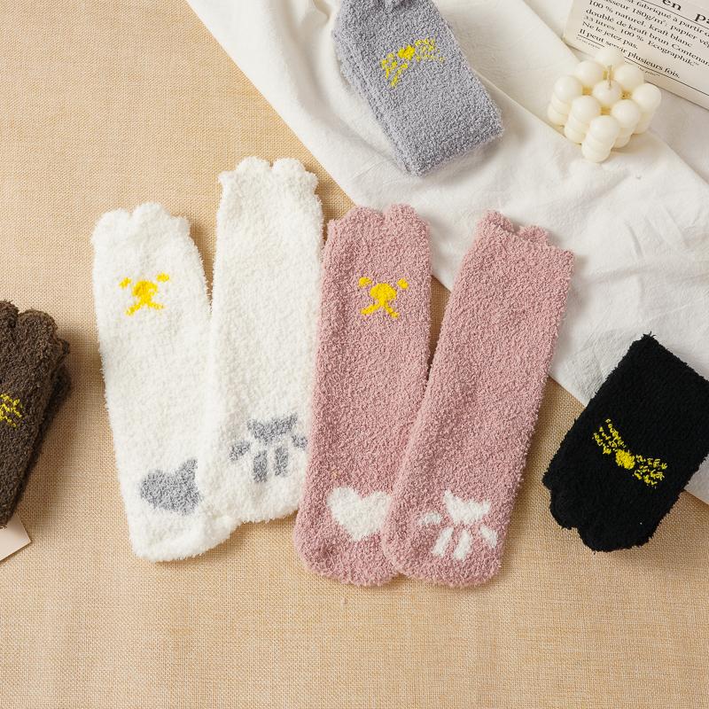 5 Pairs Autumn Winter Cartoon Cat Tube Socks Women Heart-shaped Coral Fleece Socks Cute Sweet Thick Soft Warm Home Sleep Sock