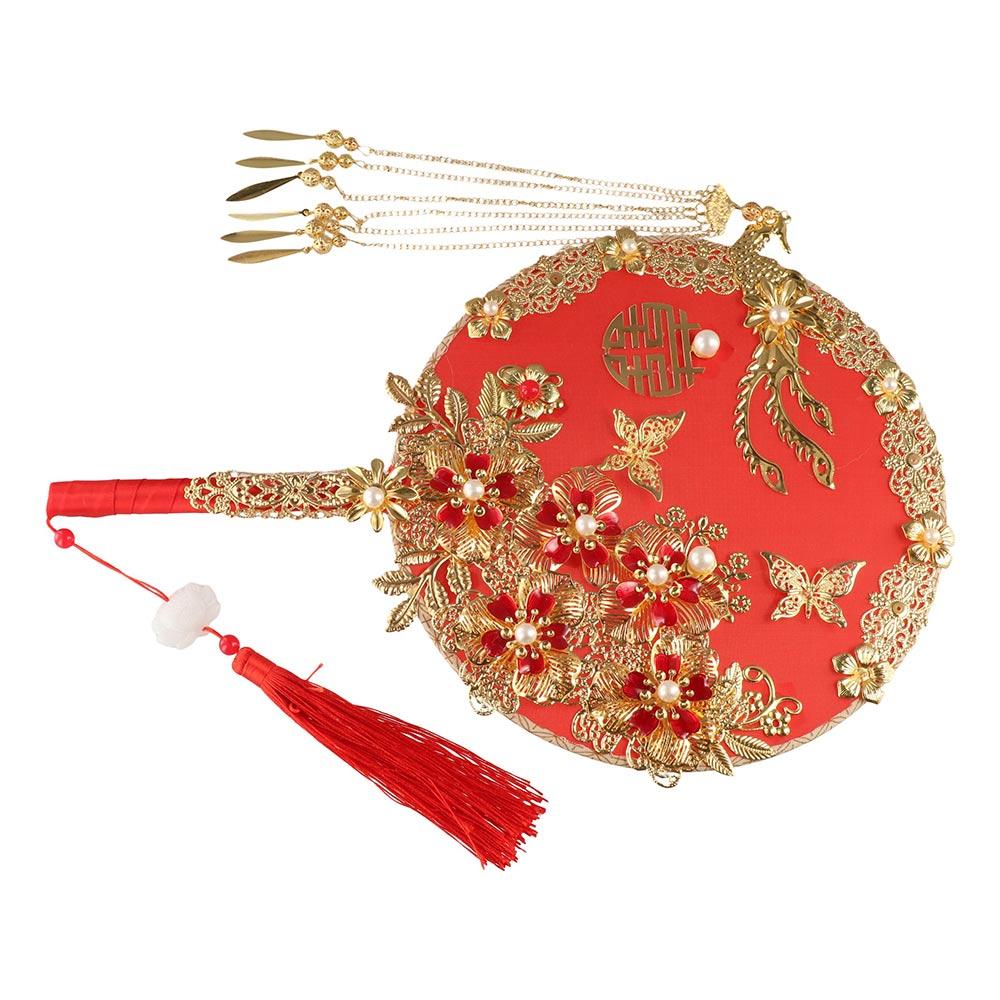 Chinese Wedding Handheld Tassels Phoenix Hand Bouquets Bridal Group Fan Chinese Fan Embroidery Fan
