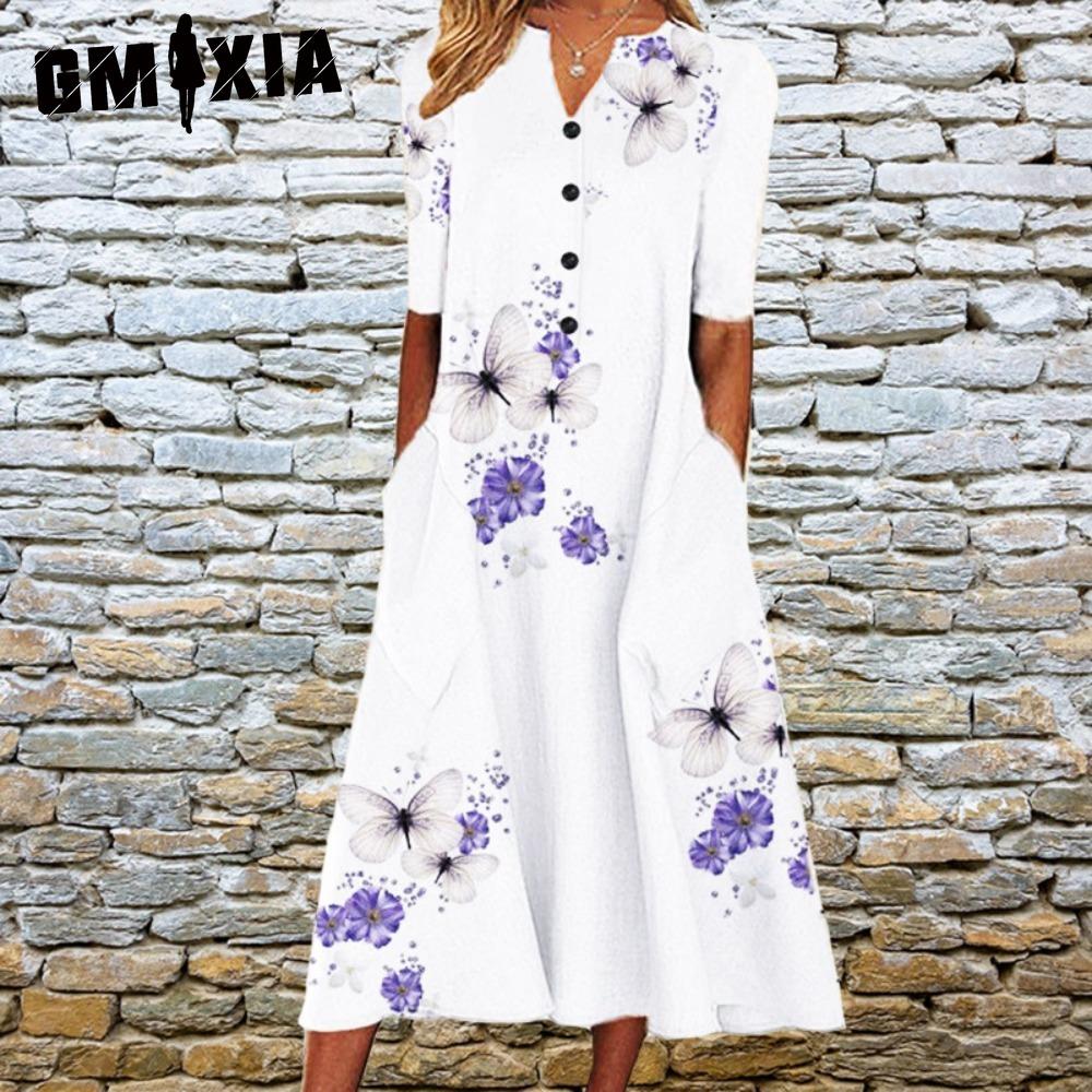 

GMXIA Элегантные женские платья V-образный вырез короткий рукав пуговицы платье для вечеринки женское летнее винтажное платье с принтом повседневное свободное цветочное женское платье XXXL