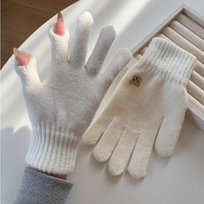 Korean Cute Bear Embroidered Wool Gloves for Women Autumn and Winter Knitted Touch Screen Student Warm Cycling Gloves Windproof