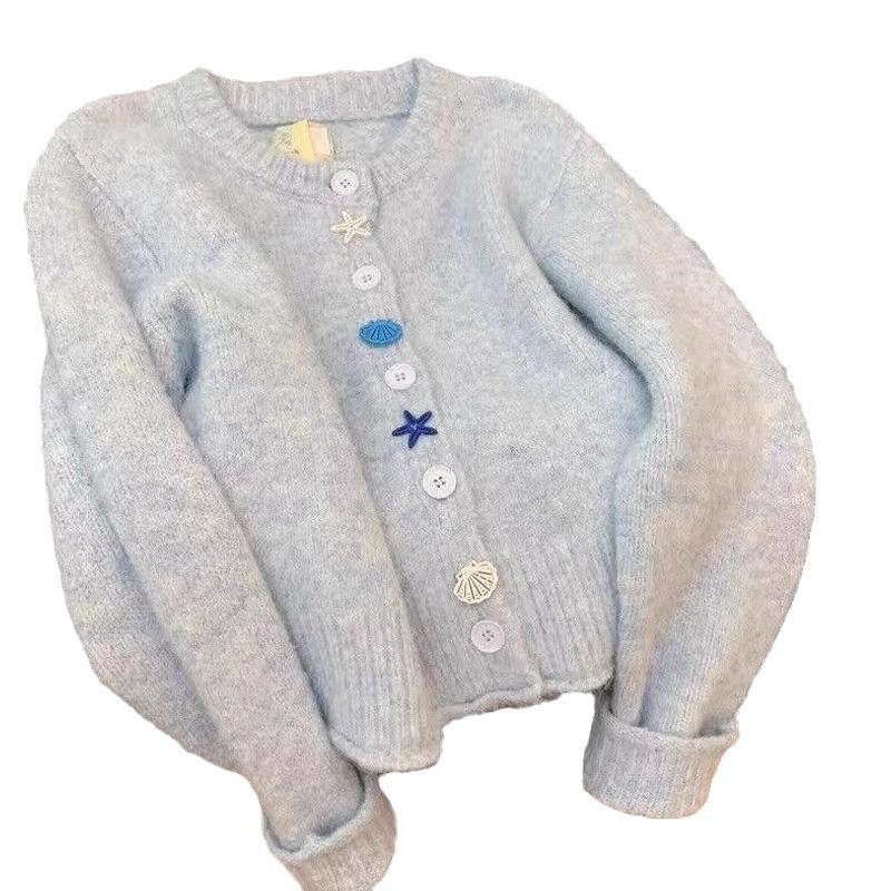 Powder Blue Soft Style Premium Knit Cardigan Women Early Spring Autumn Versatile Sweater