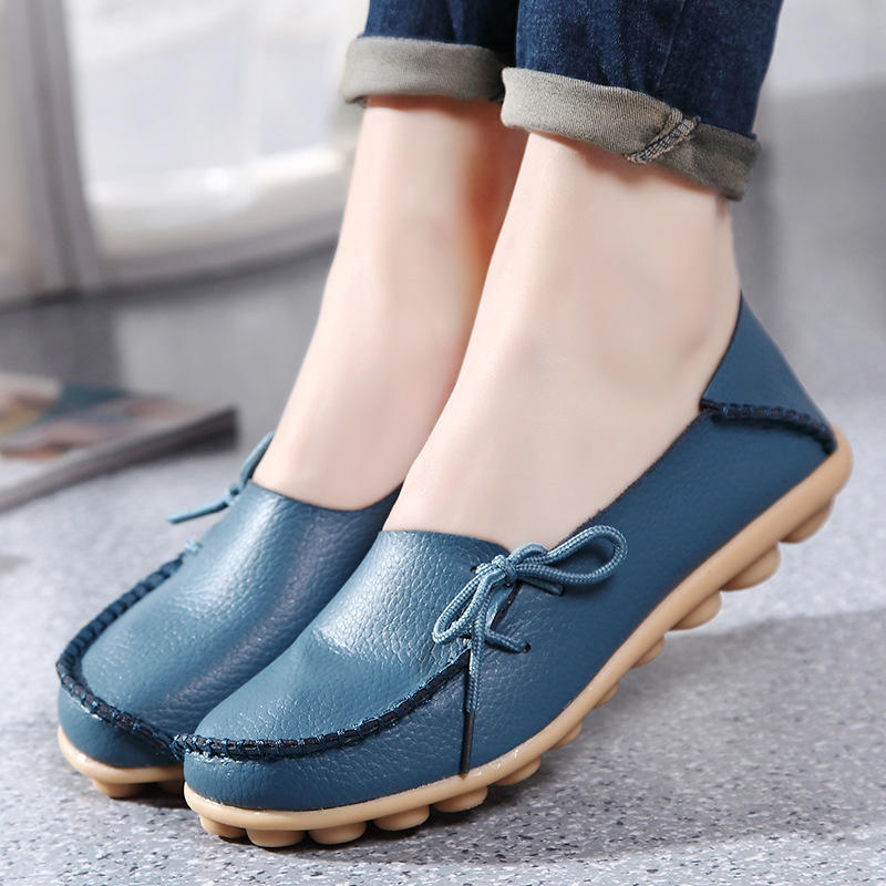 Woman Loafers Genuine Leather Female Shoes Slip On Ballet Bowtie Women's Shoe Size