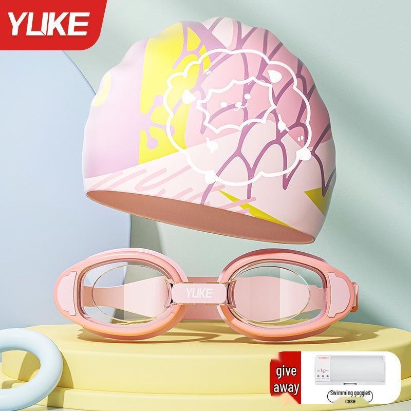 Kids' Waterproof Anti-Fog Swim Goggles with Cap - Medium To Large Fit, Small Frame, High Definition Professional Set.