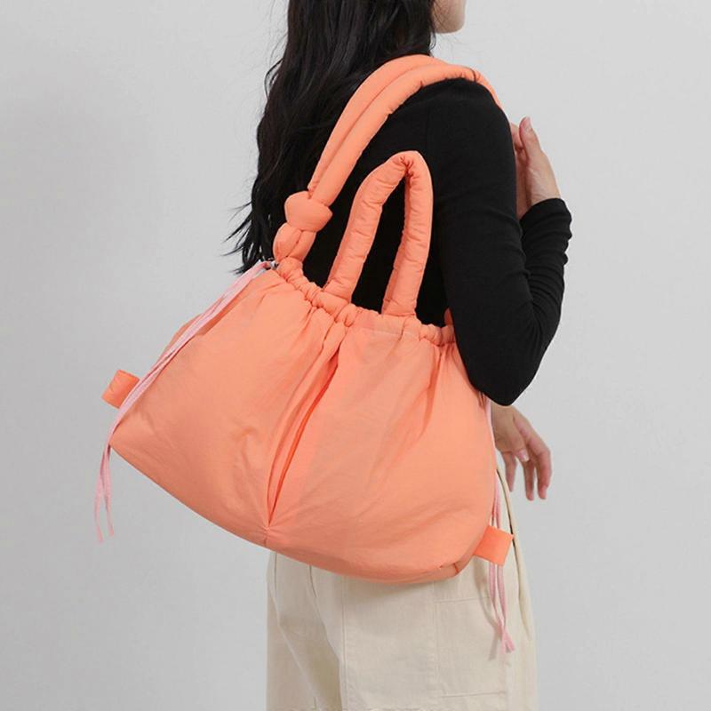 Women Simple Shoulder Bag Puffer Crossbody Bag Large Capacity Backpack Solid Color Messenger Bag for Daily Travel White