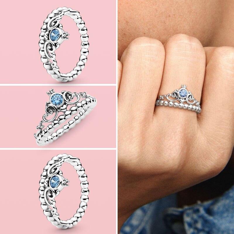 925 Sterling Silver Ring Sparkling Blue Heart Crown Snowflake Ring for Women Original 925 Silver Rings Brand Jewelry Joyas
