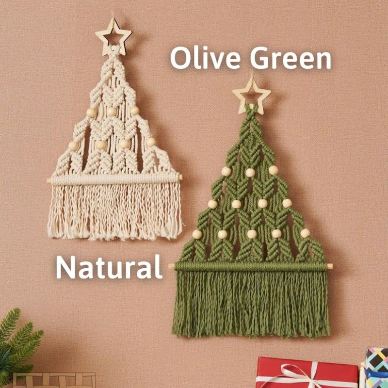 ZDQ Aesthetic Woven Christmas Tree Macrame Tapestry Wall Hanging Pendant with Decorative Tassel Cotton Rope for Apartment Decor