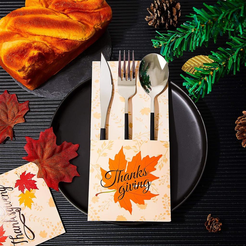 36 PCS Thanksgiving Silverware Cutlery Holders Thanksgiving Utensil Decor Fall Decor for Home Thanks Maple Leaf Silverware Paper Pouch Fall Harvest
