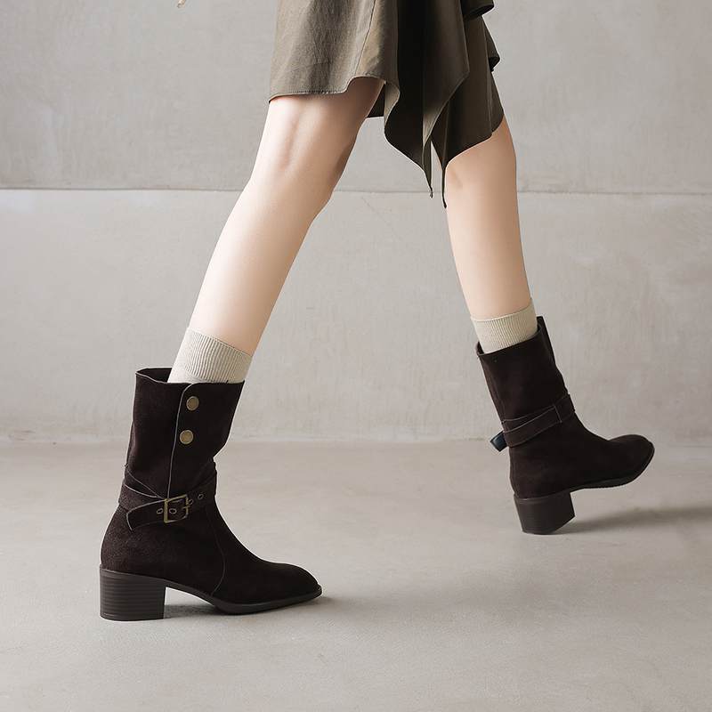 Krazing Pot Cow Suede Nubuck Winter Round Toe Modern Boots Med Heels Slip on Metal Rivets Women Mid-calf Boots