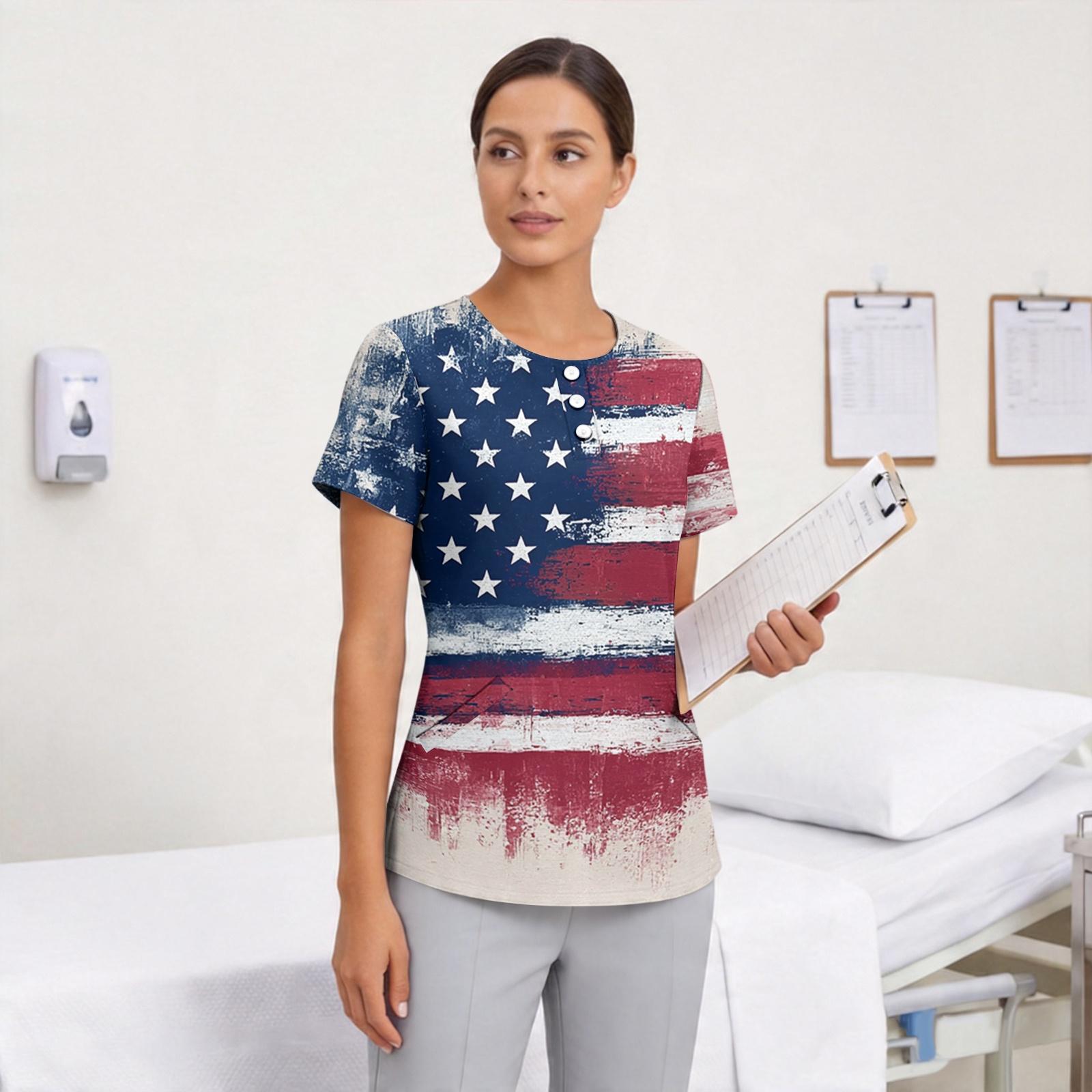 

Women s V-Neck Short Sleeve Work Top, Stretch Quick-Dry with Festive Print and Pockets L винний
